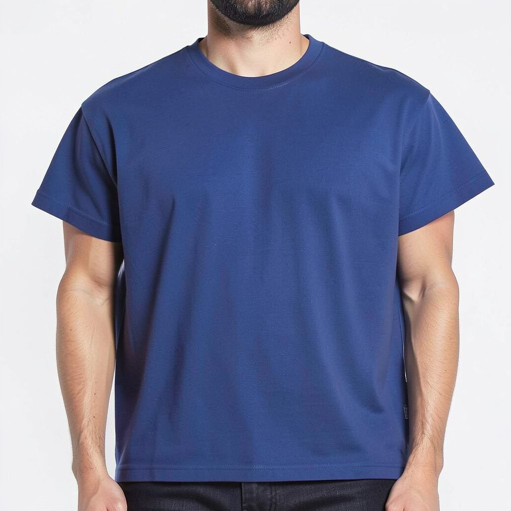 A stack of folded men's t-shirts in muted tones on a clean surface, soft daylight casting gentle shadows