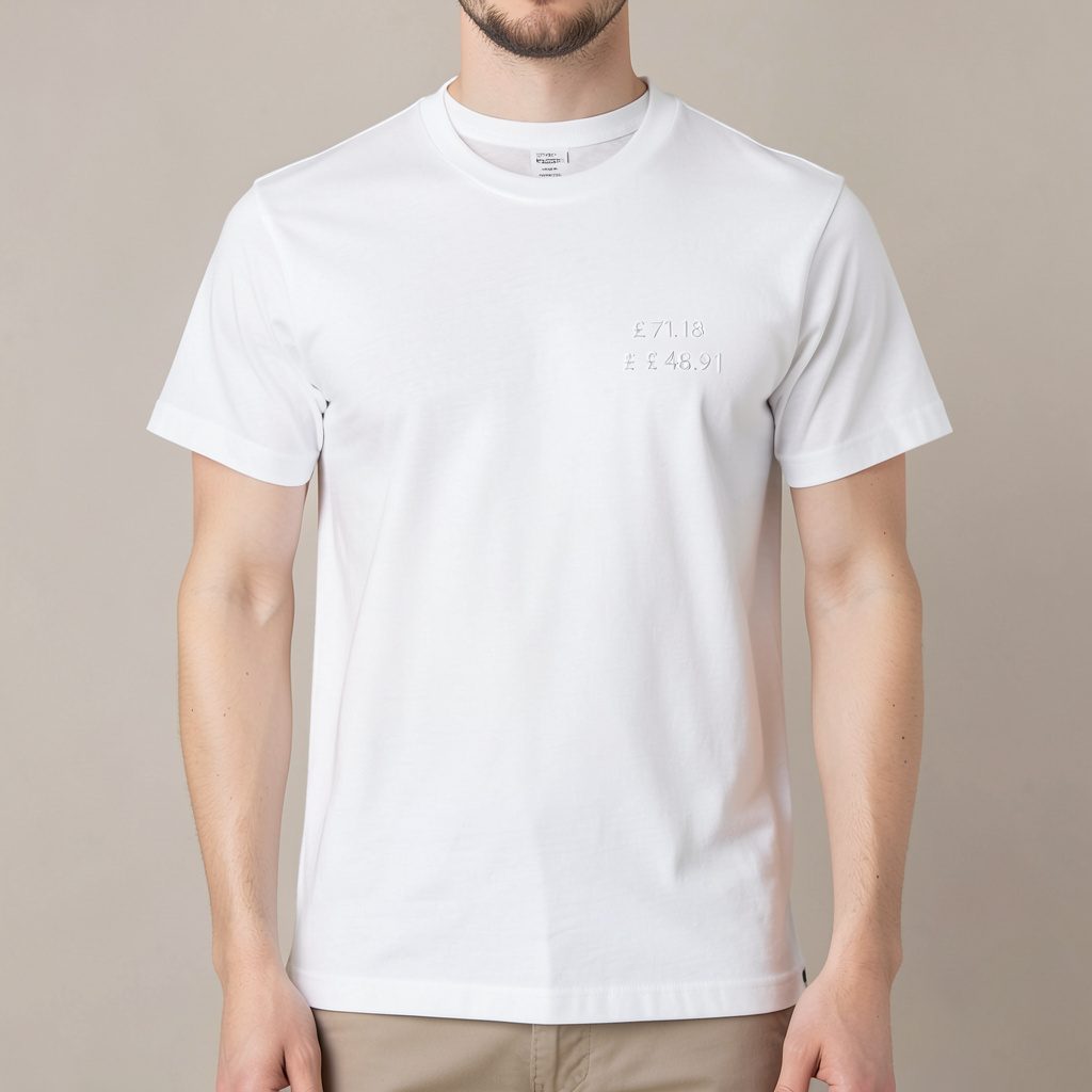 White cotton t-shirt with subtle breast print, laid flat on a light surface