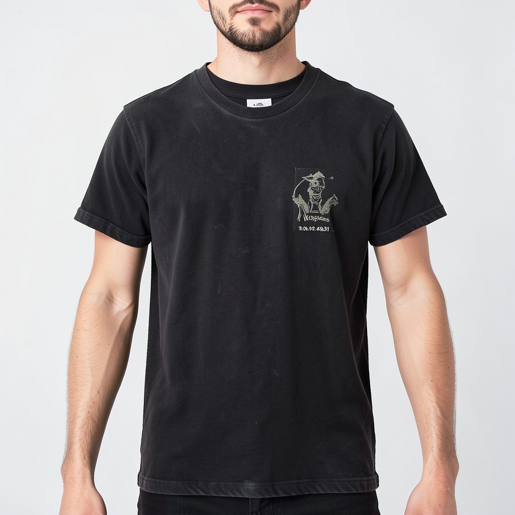 Faded black cotton t-shirt with logo print, washed finish, on a neutral background