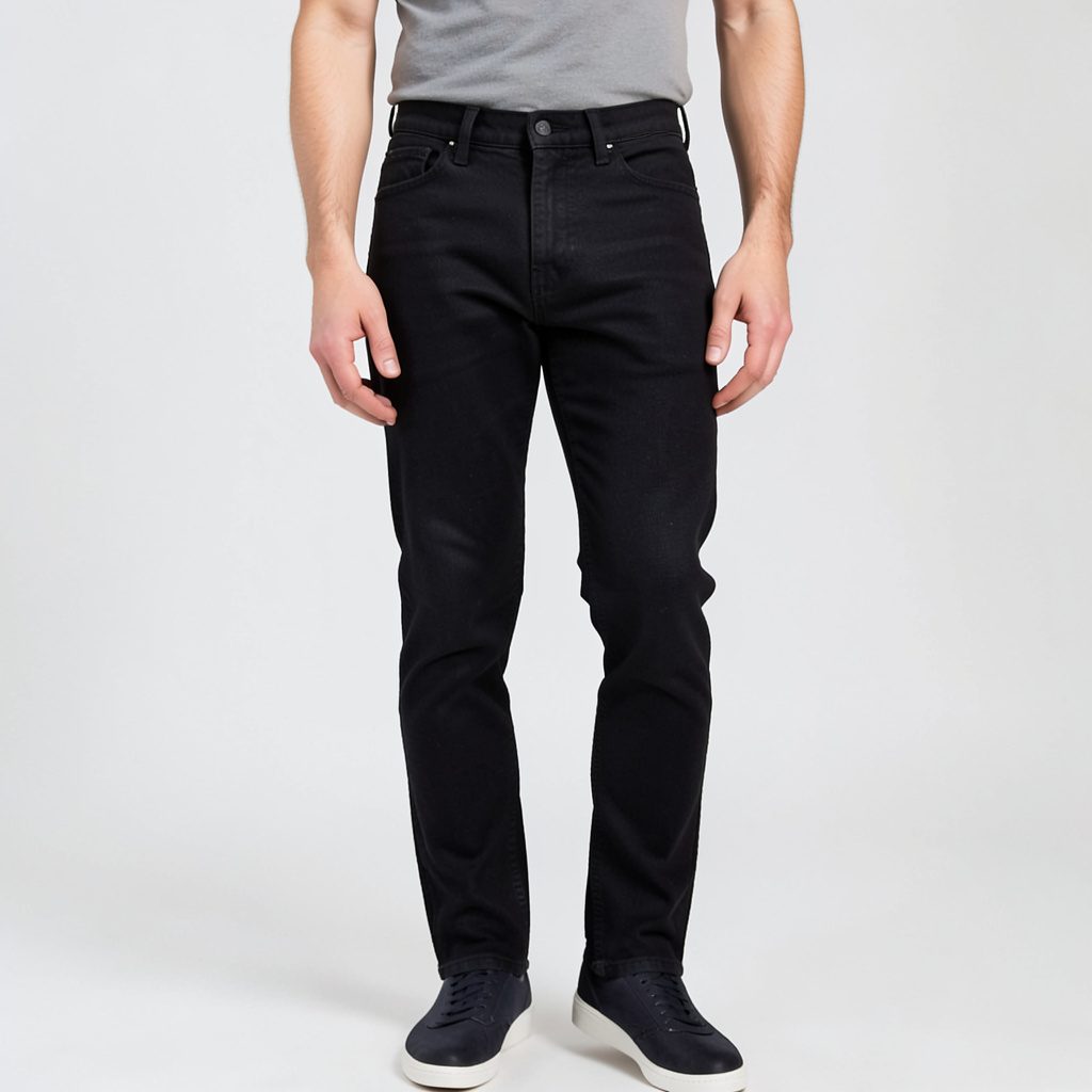 Tapered slim-fit raw black jeans folded neatly, dark denim texture visible