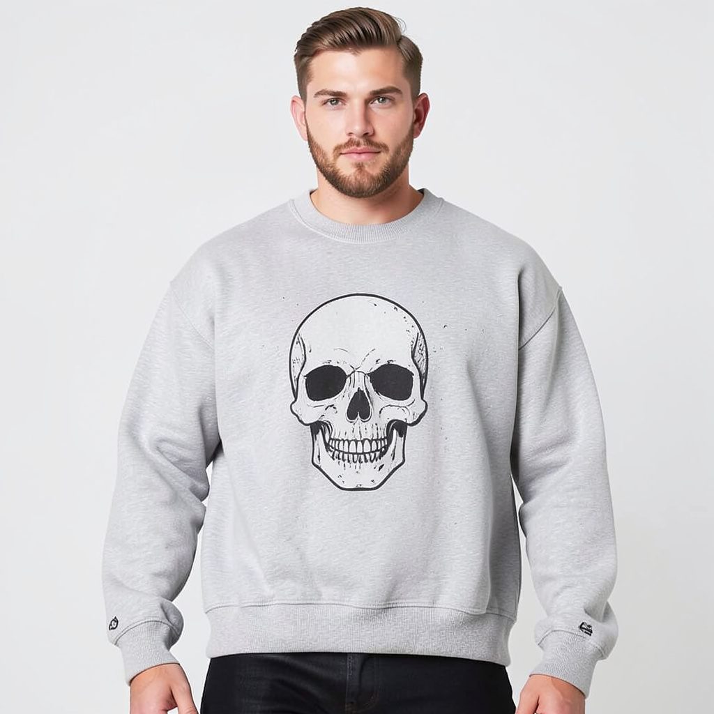 Grey melange sweatshirt with skull motif, soft knit texture