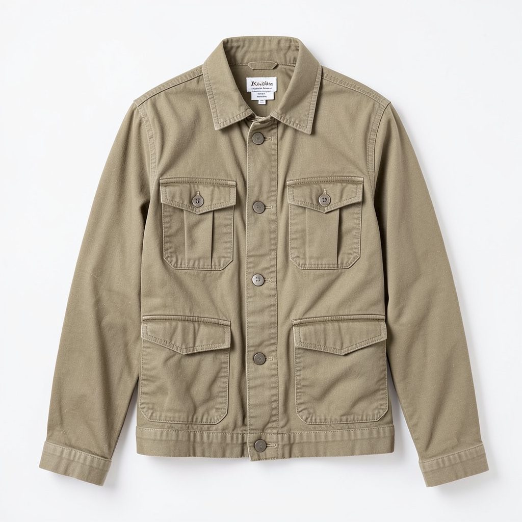 A buttoned cotton khaki jacket with flap pockets, laid flat on a neutral surface.