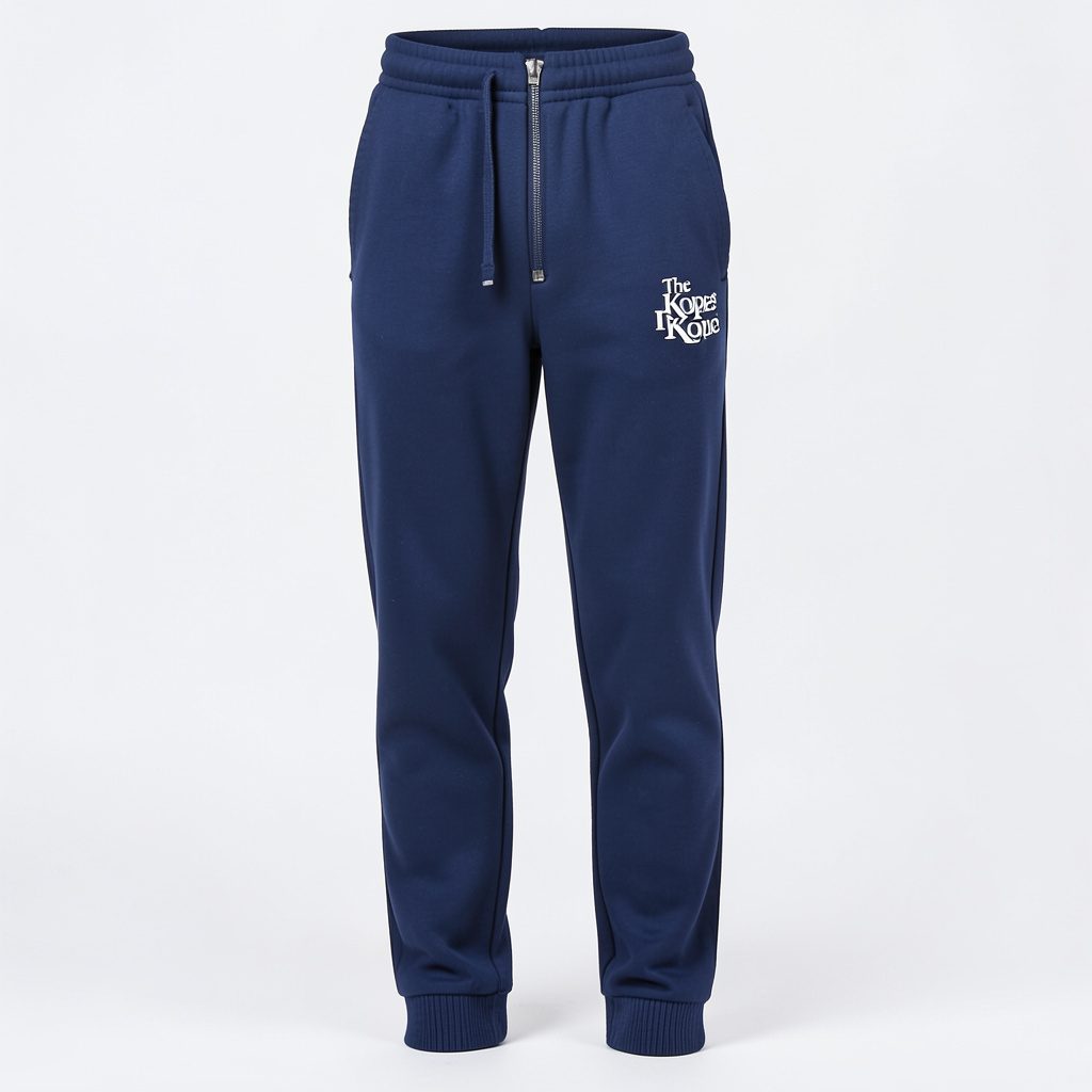 Navy blue joggers with zip detail and logo, relaxed fit cozywear