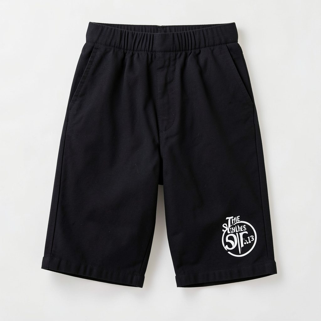 Black cotton shorts with printed logo, folded on a clean surface