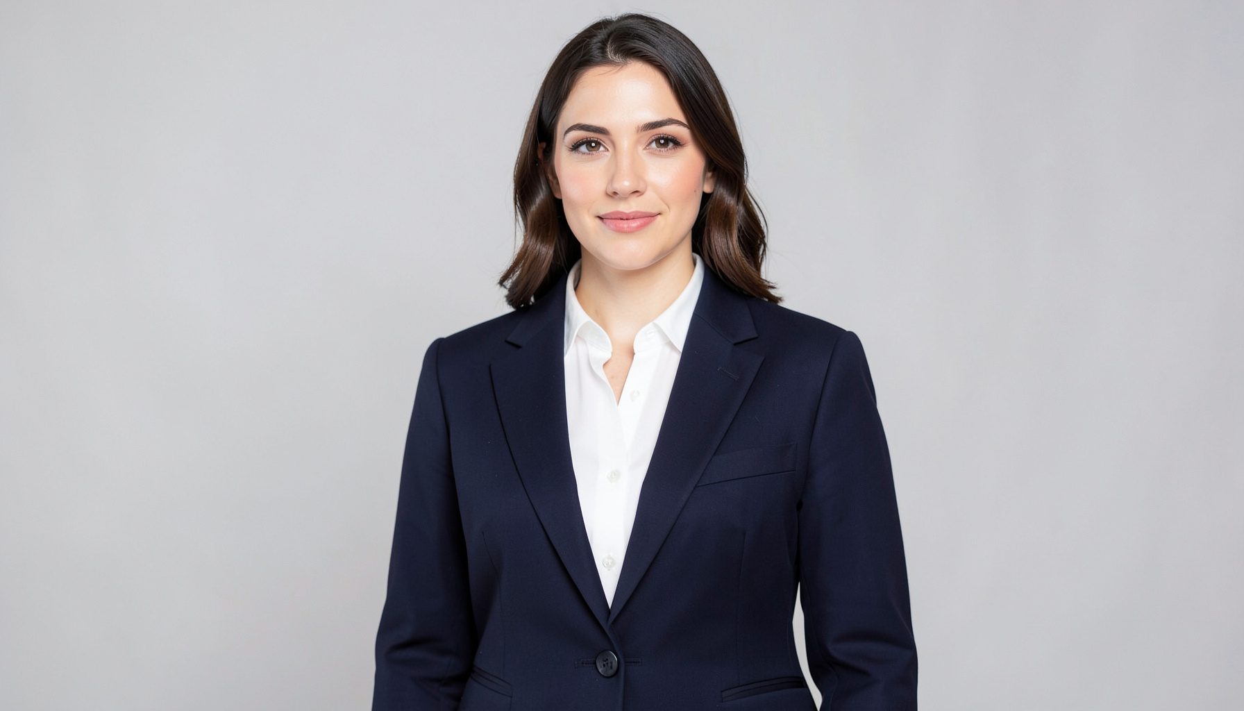A tailored blazer in deep navy laid over a crisp white blouse, suggesting polished business attire for women.