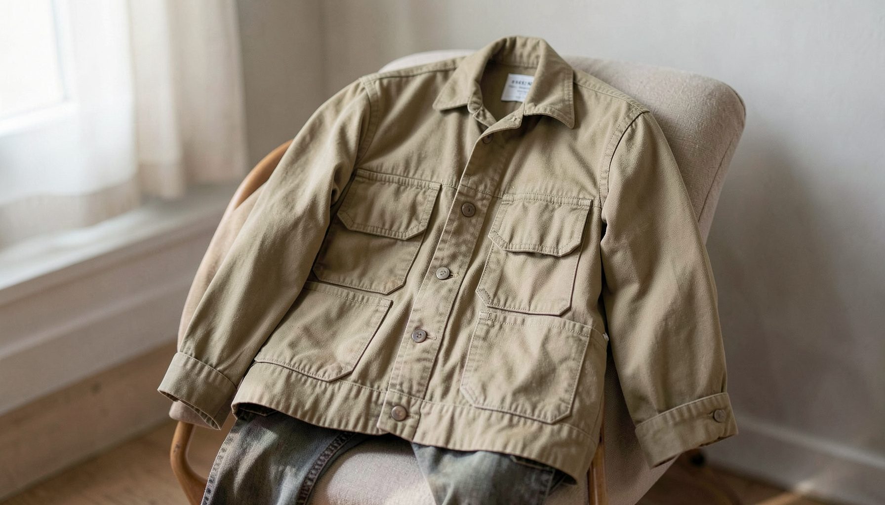 A khaki utility jacket draped over a chair, its structured pockets and buttoned front catching soft daylight