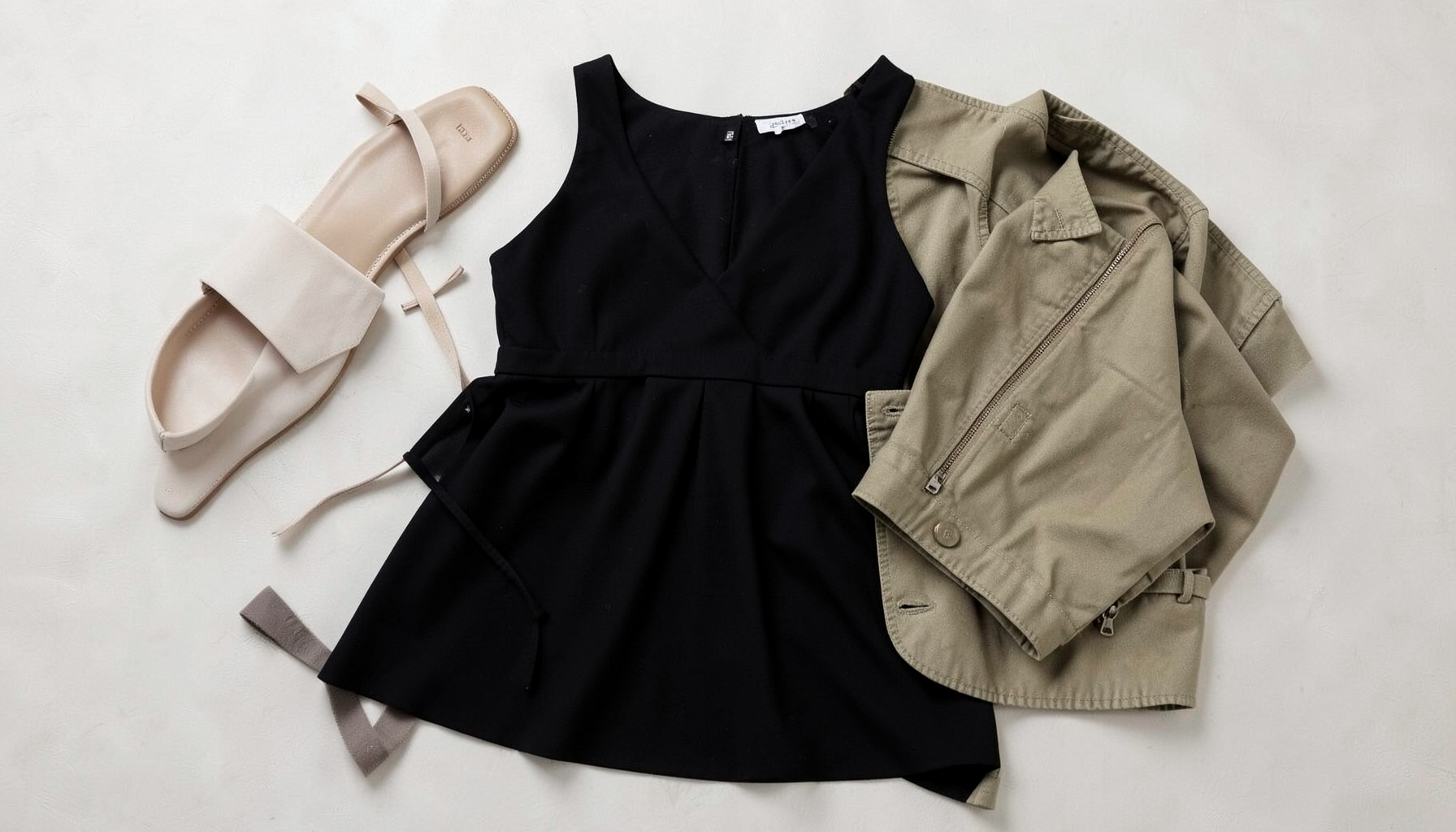 A softly lit fashion flat-lay with a black dress, a khaki jacket, and neutral-toned accessories arranged on a light surface